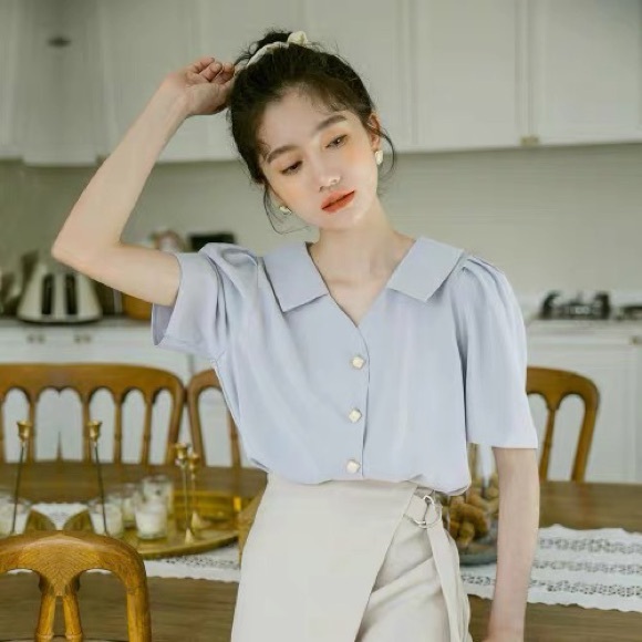 SOLD - Light Blue 3/4 Sleeve Blouse - Picture 2 of 3